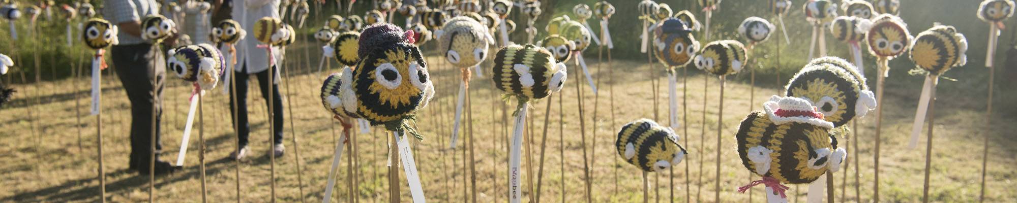 Knitted Bees in the Yeo Valley Organic Garden
