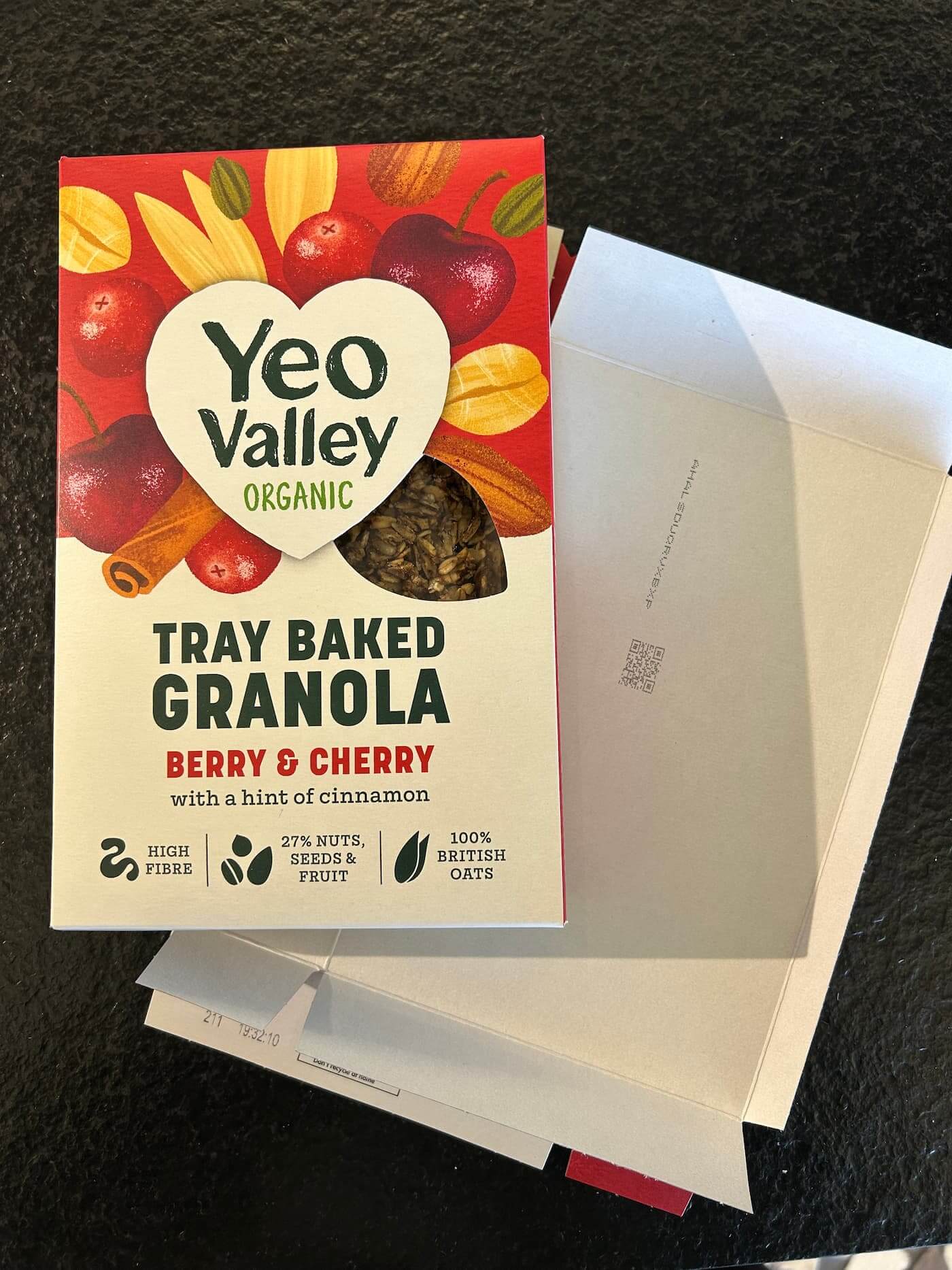 Granola with 14-letter code and QR code